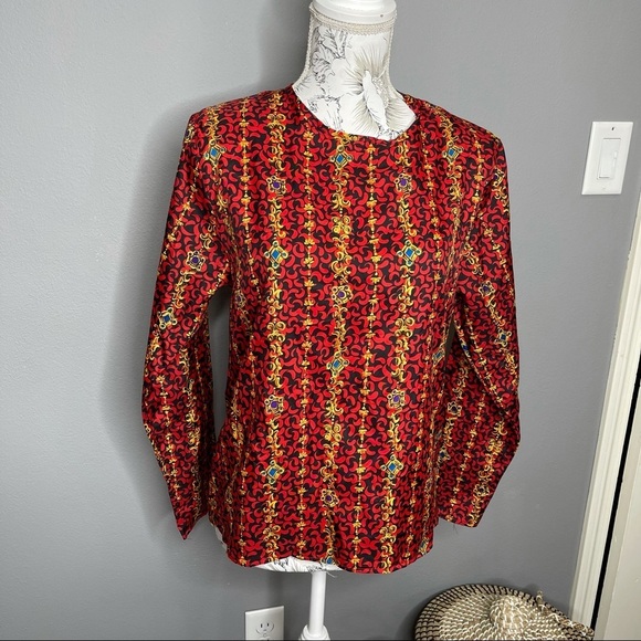 Vintage Blouse Jewel Chain Print Secretary Granny floral Red 80s 90s Small - Picture 1 of 3
